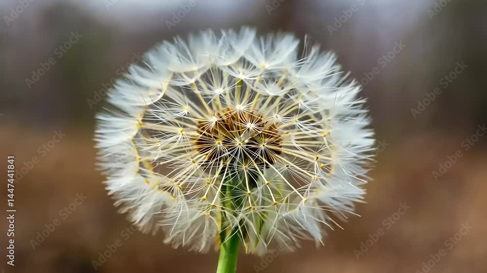Close-up of a dandelion seed head swaying gently in a serene outdoor setting during springtime Close-up of a dandelion seed head swaying gently in a serene outdoor setting during springtime