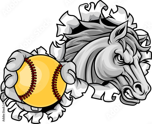 Horse mustang bronco stallion baseball softball angry sports team mascot holding a ball.
