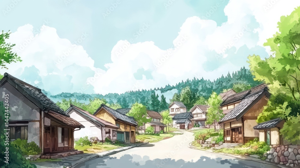 A picturesque, idyllic village nestled in a lush mountain valley. A picturesque, idyllic village nestled in a lush mountain valley.