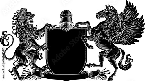A heraldry crest lion and Pegasus winged horse family coat of arms heraldic shield emblem design in an old medieval vintage style