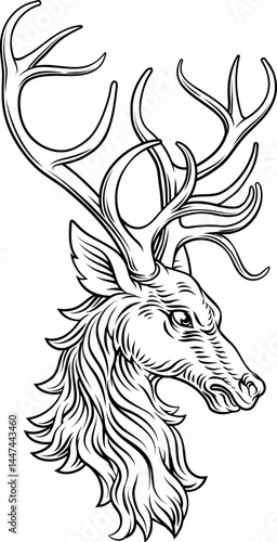 A heraldry coat of arms crest style heraldic male deer or stag hart in a vintage woodcut style