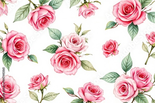 Delicate watercolor roses & leaves, repeating pattern, art, summer
