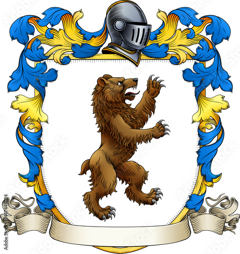 A bear coat of arms or crest family heraldry medieval heraldic animal knight shield. With helmet and acanthus filigree scroll ornament in a vintage woodcut style.