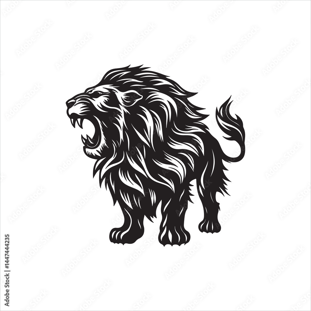 Fototapeta premium Roaring Lion Silhouette on White Background