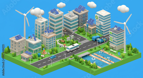 A 3D isometric illustration of a smart city with wind turbines, solar panels, electric vehicles, and green spaces, showcasing sustainable urban living.