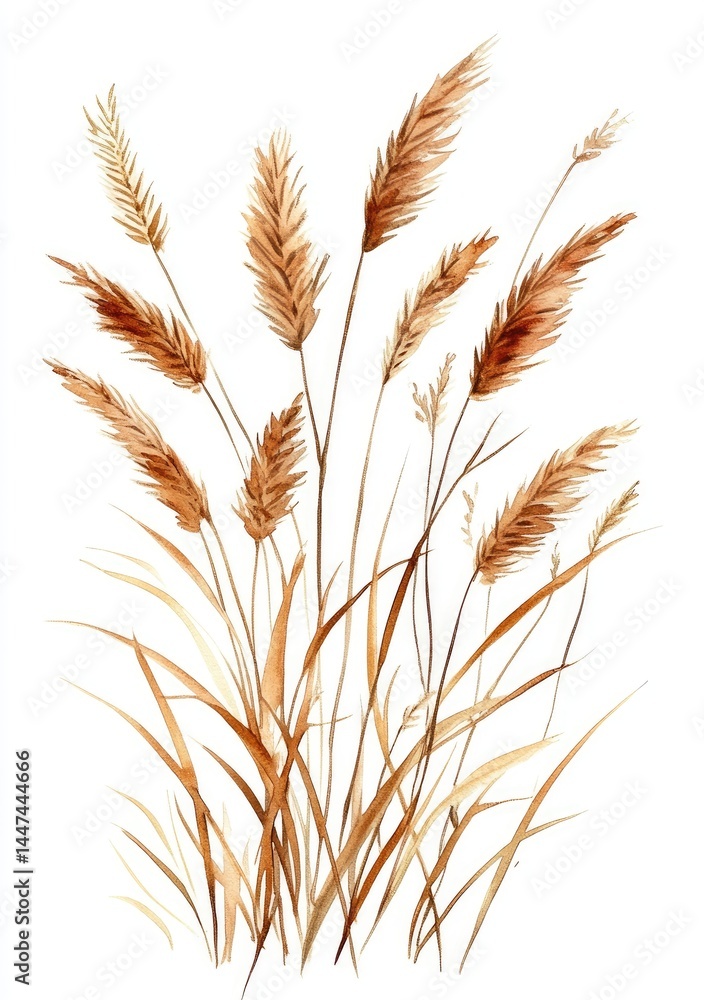 A cluster of tall, light brown grasses against a white background, delicate and detailed in their form. The image shows a variety of grasses, with some taller, feathery plumes A cluster of tall, light brown grasses against a white background, delicate and detailed in their form. The image shows a variety of grasses, with some taller, feathery plumes