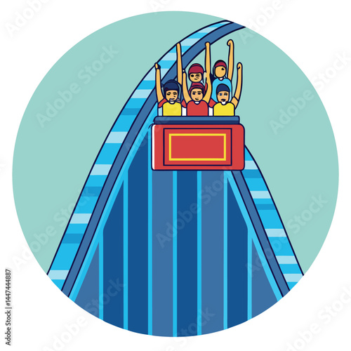Thrilling Ride: A vibrant illustration capturing the excitement of a roller coaster, with passengers raising their arms in glee as they ascend a steep incline.