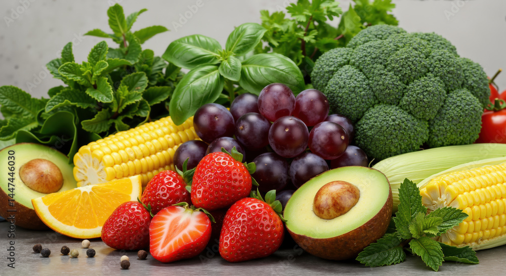Fresh vegetables and fruits including broccoli strawberries grapes corn avocado and herbs arranged together. Healthy food composition for nutrition blogs and organic food market advertising Fresh vegetables and fruits including broccoli strawberries grapes corn avocado and herbs arranged together. Healthy food composition for nutrition blogs and organic food market advertising