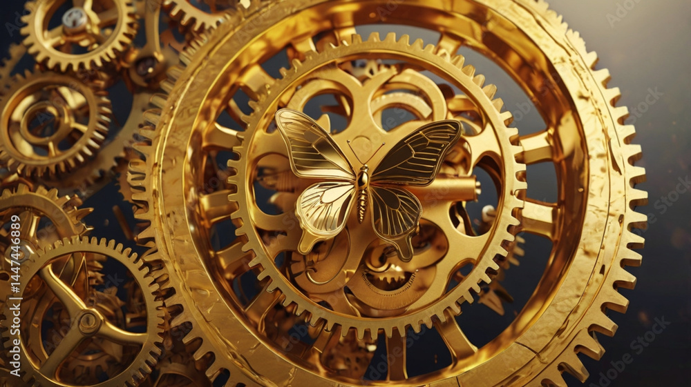 Fototapeta premium Golden Gears and Butterfly Abstract 3D Render