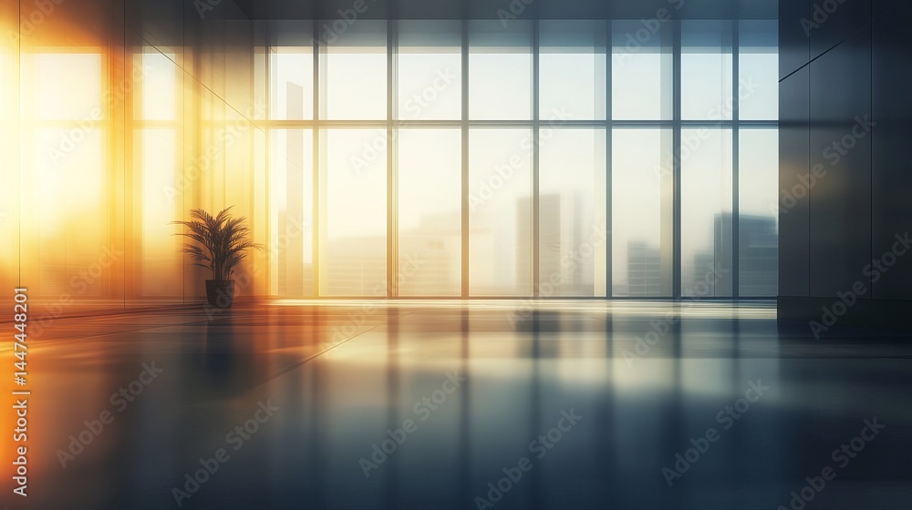 Fototapeta premium Modern office interior design with large window city view sunlight room dawn space plant floor glass