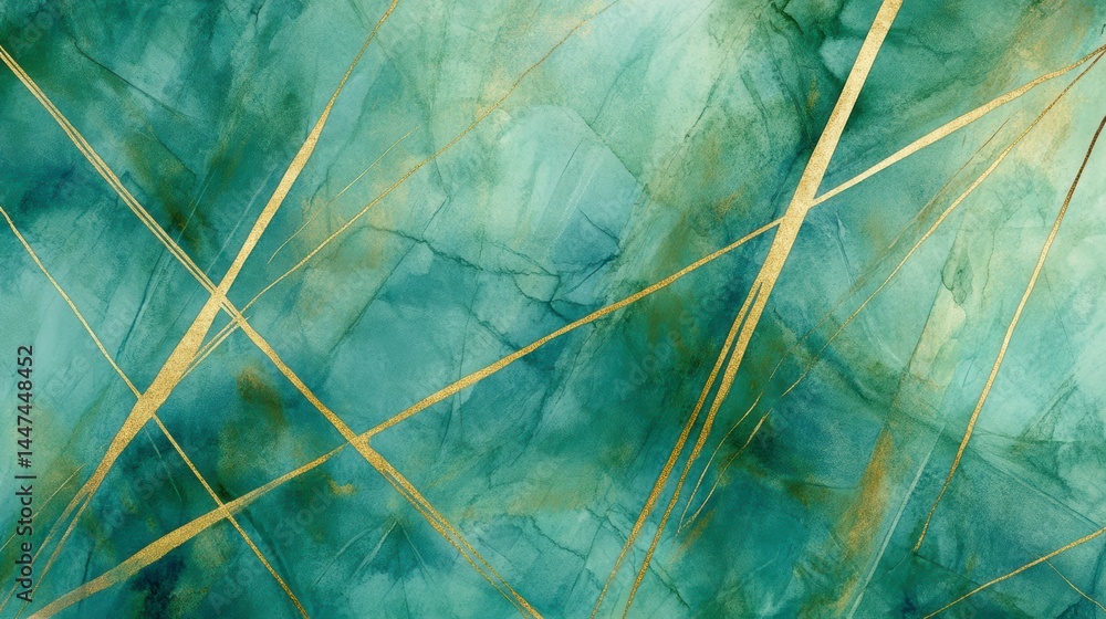 Fototapeta premium Abstract teal and gold watercolor background with intersecting lines.