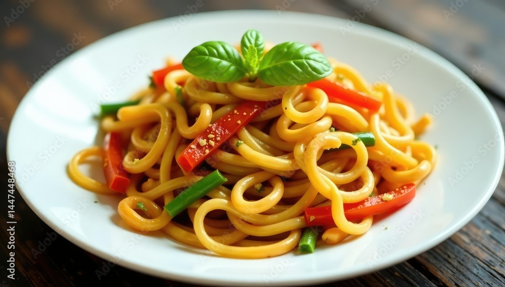 Stir-fried noodles with vegetables on white plate, chopsticks, asian Stir-fried noodles with vegetables on white plate, chopsticks, asian
