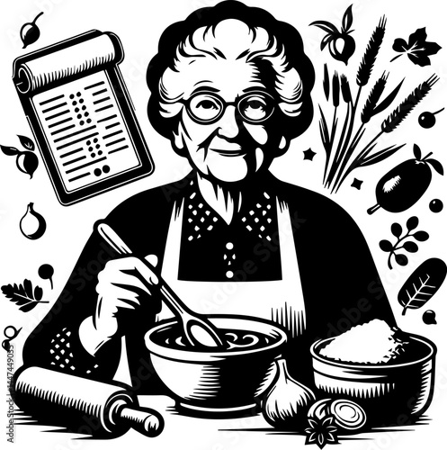 Elderly woman holding family recipe and stirring bowl in kitchen  