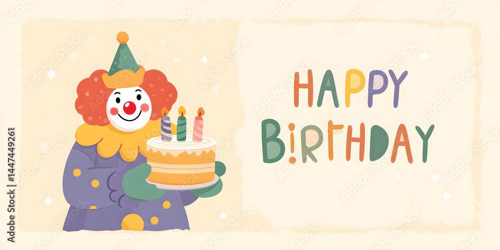 Fototapeta premium Colorful clown celebrating a joyful birthday with a cake and candles in a festive atmosphere