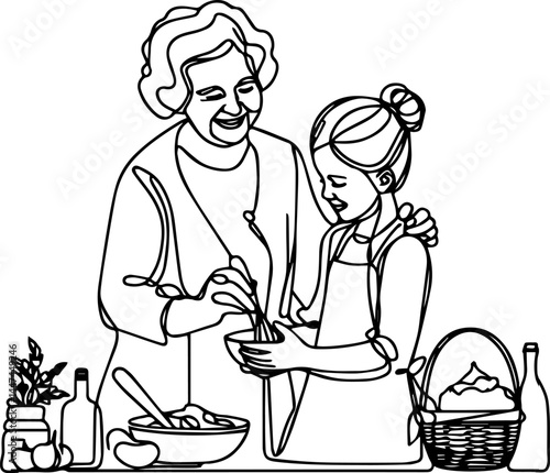 Elderly woman and granddaughter happily cooking family recipe together  