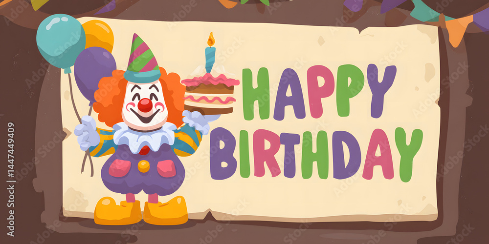 Fototapeta premium Colorful clown celebrating a joyful birthday with a cake and candles in a festive atmosphere