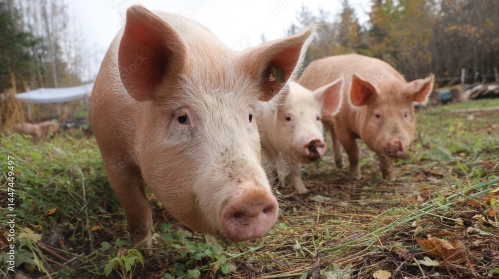 Happy Pigs Grazing in Autumn Field Happy Pigs Grazing in Autumn Field