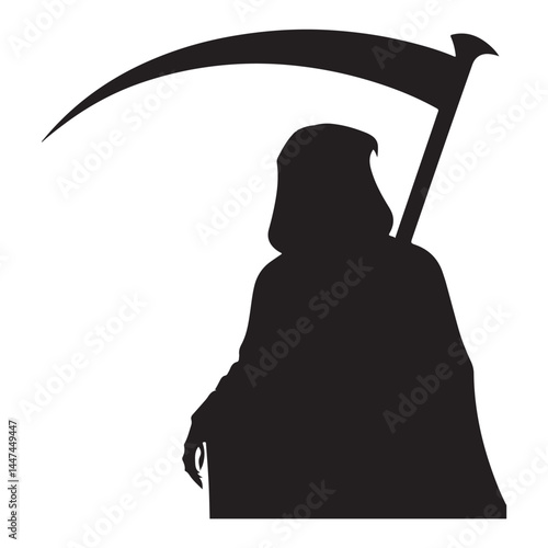 Grim Reaper Silhouette with Scythe on White Background

