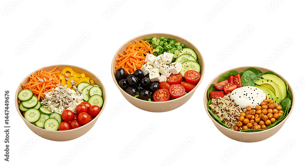 Three bowls filled with assorted salad ingredients Three bowls filled with assorted salad ingredients