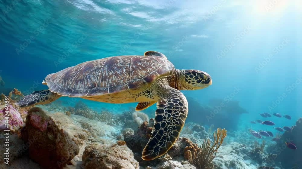 A beautiful sea turtle gracefully gliding through the serene ocean ...