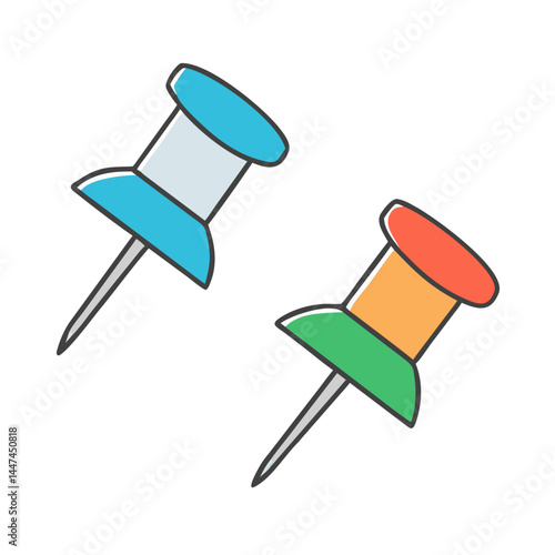 Illustration of two colorful push pins, office supplies, stationery, and notice board pin tacks for bulletin boards