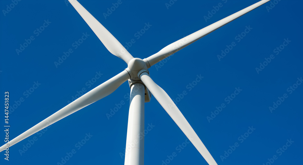 Wind Turbine with White Blades Against a Clear Blue Sky Generating Renewable Energy Wind Turbine with White Blades Against a Clear Blue Sky Generating Renewable Energy