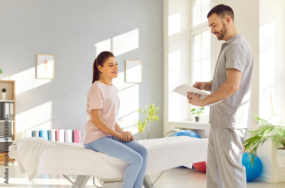 Obraz premium Doctor office visit for rehabilitation, female patient getting professional consultation, help, support. Woman couch sitting communicating with male nurse describing symptoms, getting medical advice 