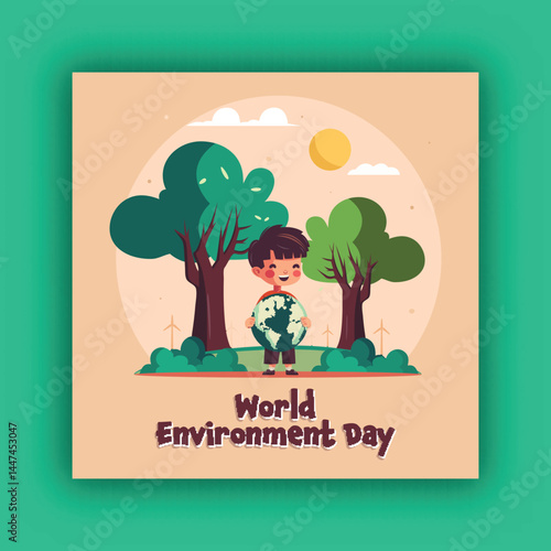 World Environment Day Poster with Illustration of Cute Boy Holding Planet Earth for Save Nature.