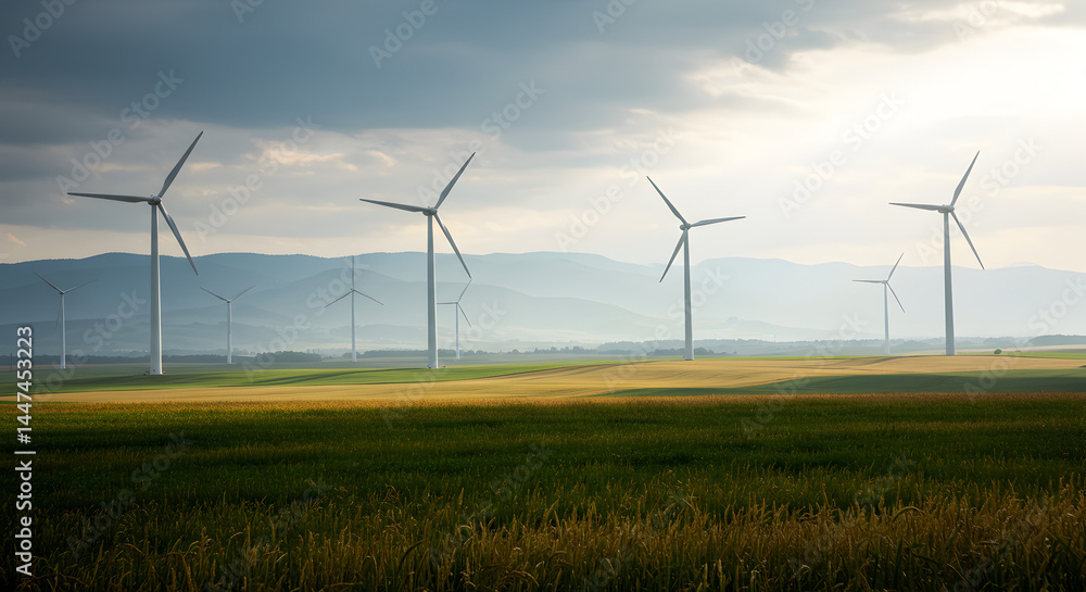 Wind Turbines Generating Green Energy in a Sunny Field with a Hazy Sky and Farm Landscape Wind Turbines Generating Green Energy in a Sunny Field with a Hazy Sky and Farm Landscape