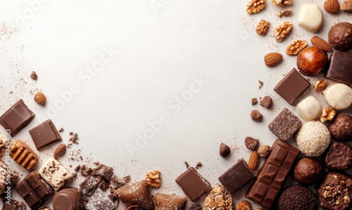 Assorted Chocolate Pieces and Nuts on a Light Background