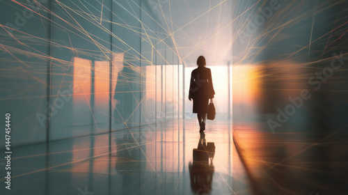 Silhouette of a woman walking in a modern office hallway, bathed in warm sunlight, with blurred figures and network lines