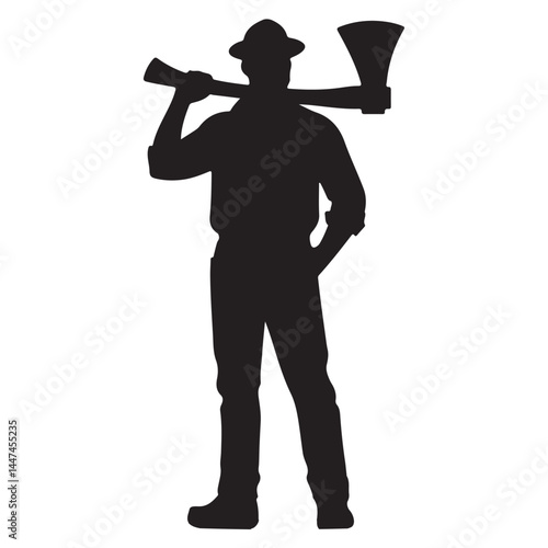 Lumberjack Silhouette with Axe on White Background

