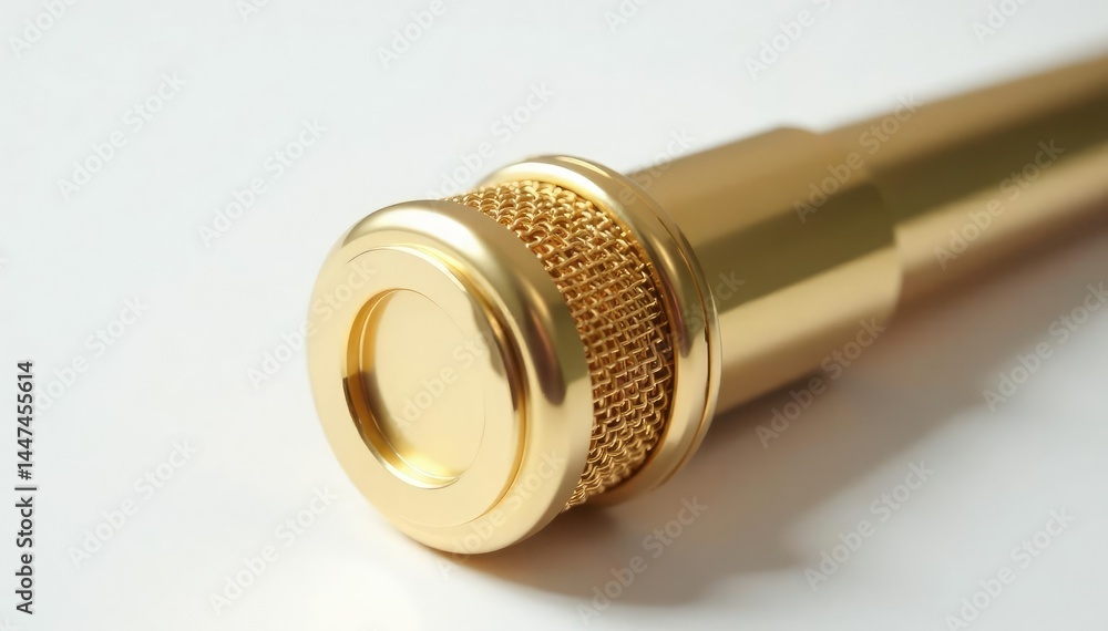 Close-up of a gold microphone on white background, studio, background Close-up of a gold microphone on white background, studio, background