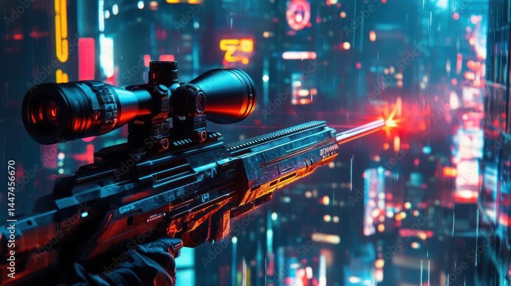 Futuristic sniper rifle aimed in neon cityscape at night Futuristic sniper rifle aimed in neon cityscape at night