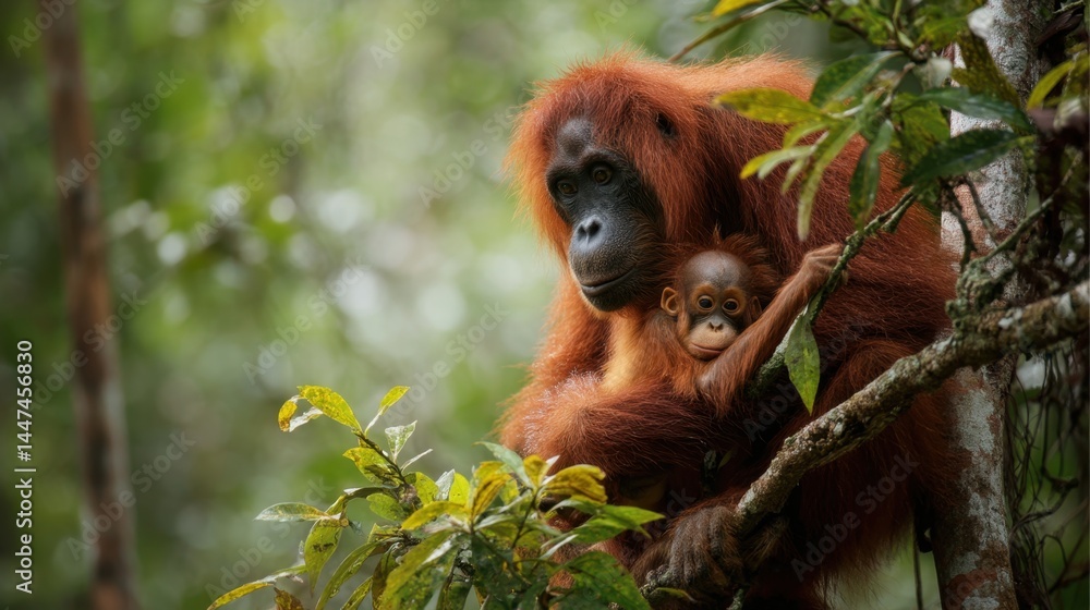 Obraz premium Orangutan Mother and Baby in Rainforest Canopy