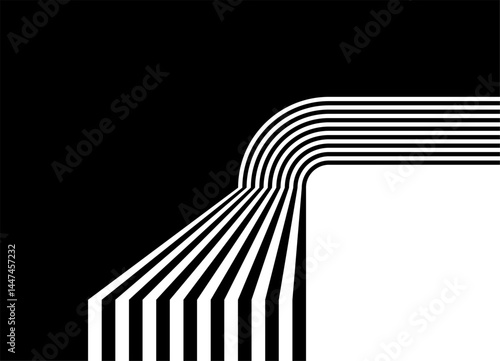 Vector pattern of black parallel lines in retro style. Modern striped design element. Divided black and white background. place for text. Three-dimensional shape. Sport
