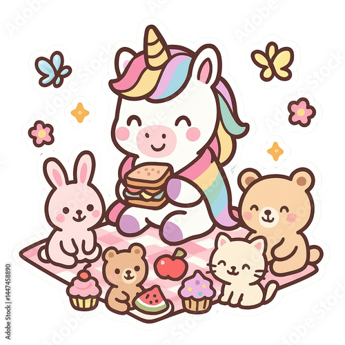 A cute unicorn enjoys a picnic with a bunny, two bears, and a cat surrounded by snacks and cheerful decorations.