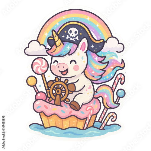 A cheerful unicorn with rainbow mane, dressed as a pirate, steers a cupcake boat adorned with candy and a rainbow.