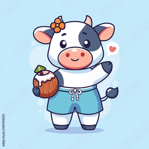 Cute cartoon cow with coconut. Vector illustration of a cute cow.