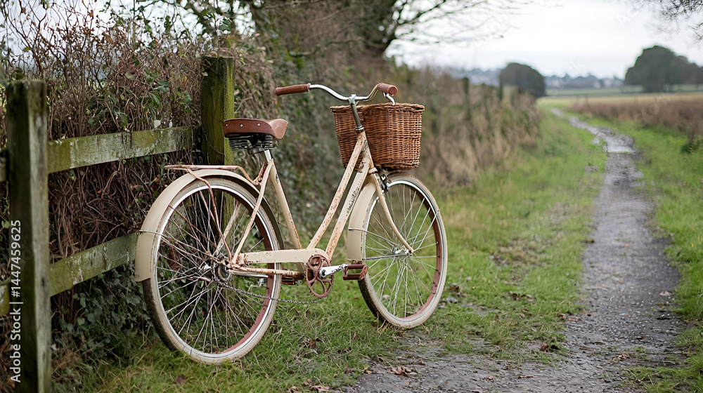 Fototapeta premium Exploring the countryside on a vintage bicycle scenic path image capture natural setting serene perspective retro charm