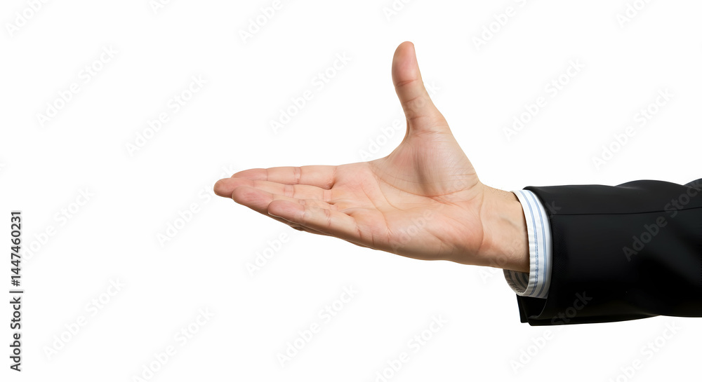 Hand Reaching Out in Suit Sleeve on White Background Hand Reaching Out in Suit Sleeve on White Background