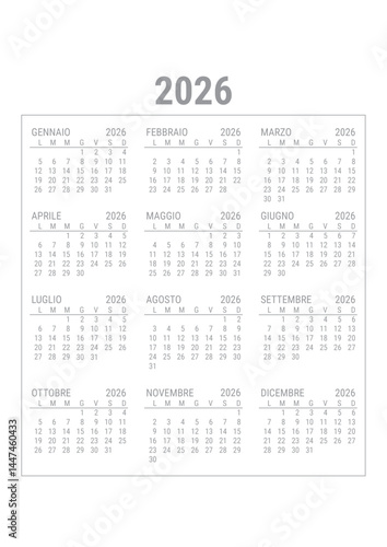 Calendario 2026 in italiano con sfondo trasparente – layout mensile Gennaio a Dicembre