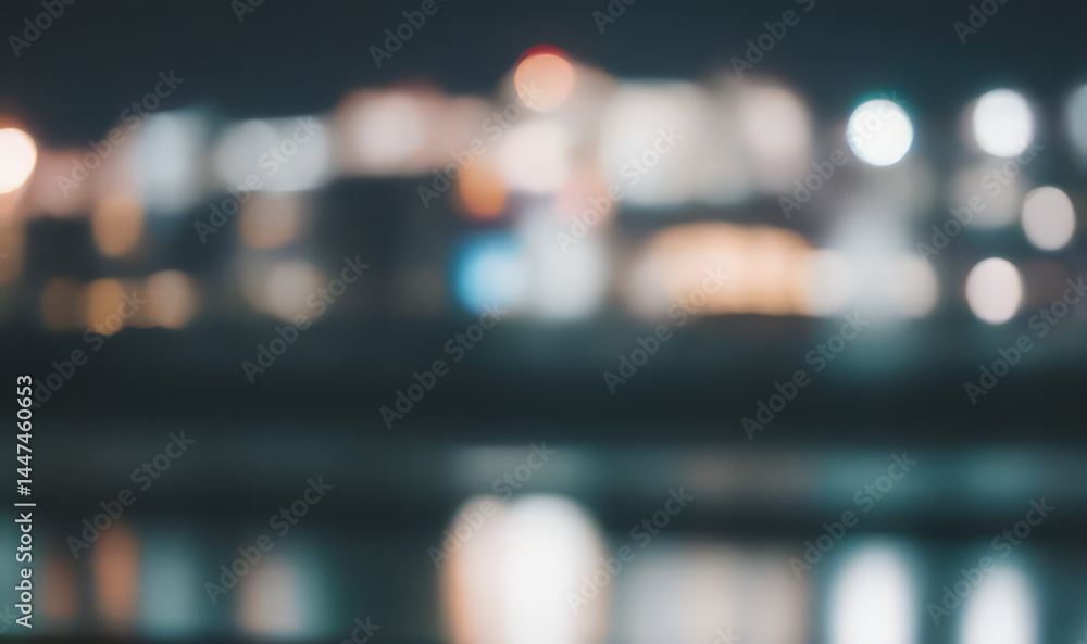 Blurred city lights reflecting on water at night creating a bokeh effect. Blurred city lights reflecting on water at night creating a bokeh effect.