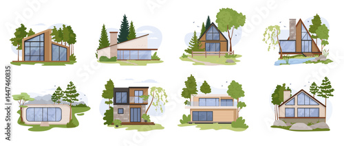 Vector set of modern glamping houses with panoramic windows, wooden facade and forest background. Wood triangle house for ecotourism. Stylish modular eco-home Comfortable outdoor recreation concept