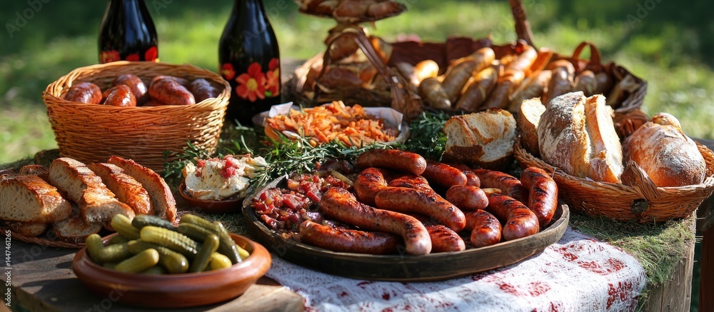 Fototapeta premium A Bountiful Outdoor Feast: Grilled Sausages, Breads, and Pickles