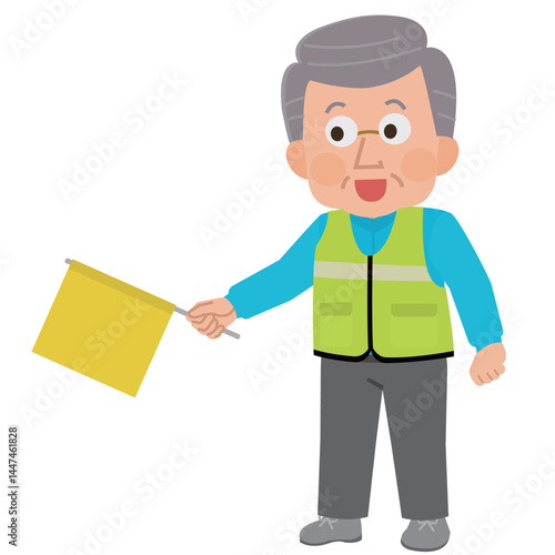 登下校の見守りボランティアをする高齢男性　イラスト