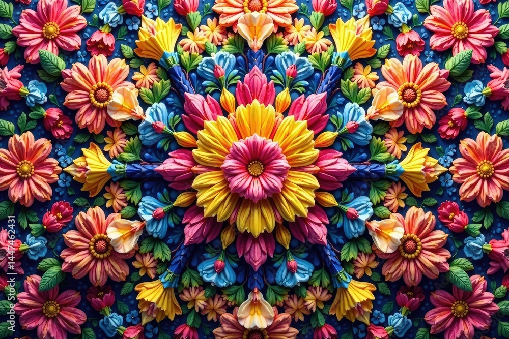 Intricate floral bouquet within a repeating hexagon pattern , leaf, blossom Intricate floral bouquet within a repeating hexagon pattern , leaf, blossom