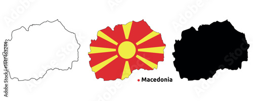 Macedonia Map Vector - Country Outline, Flag Inside Map, Blank and Silhouette Version