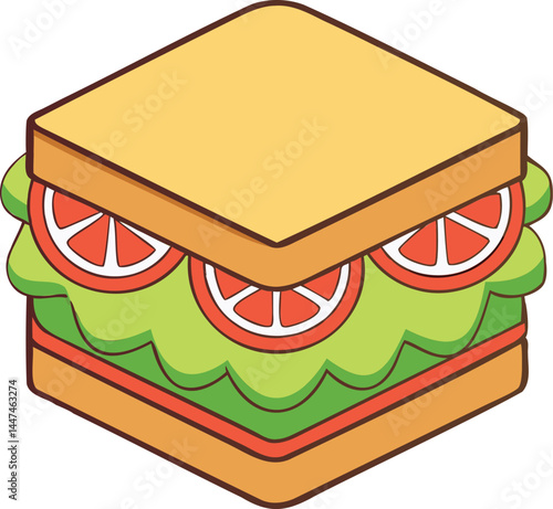 Isometric sandwich vector illustration with tomato and lettuce delicious fast food concept