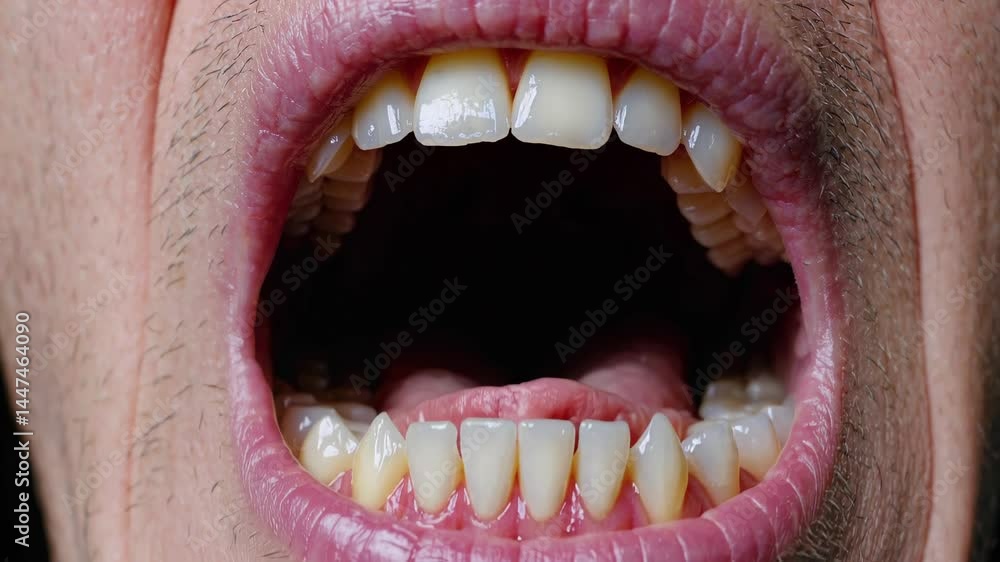 Male patient opening mouth wide during dental checkup, revealing teeth ...